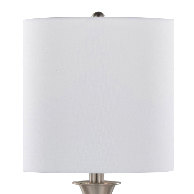 Lumi Source Sawyer contemporary table lamp set with nickel finish, white shades, and built-in USB ports for convenient charging.