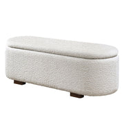 ACME Sandro beige boucle storage bench with walnut wood base, featuring a cushioned top and practical interior storage.