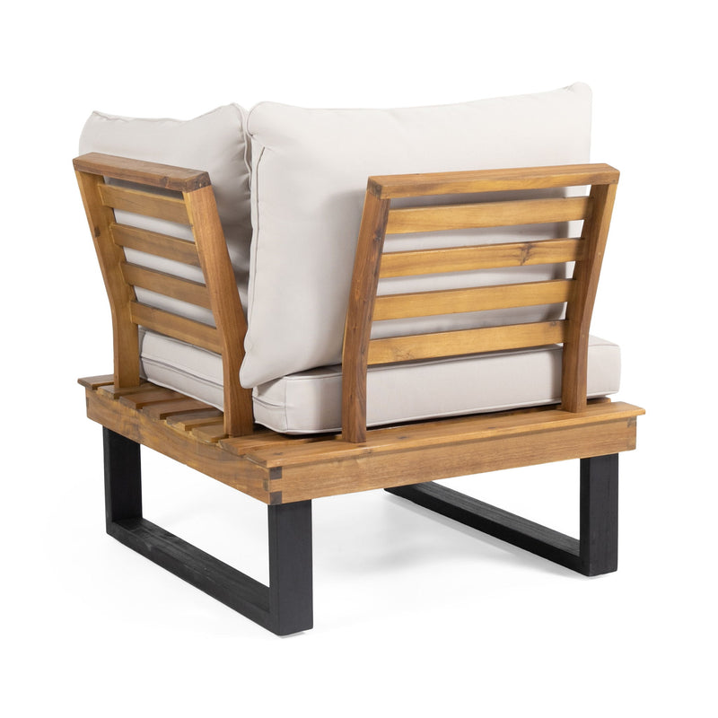 Noble House Sebastian 4-piece outdoor sofa set with beige cushions and teak frames, water-resistant cushions for outdoor comfort.