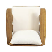 Set of two Noble House outdoor acacia wood club chairs with beige cushions, ideal for garden or patio relaxation.