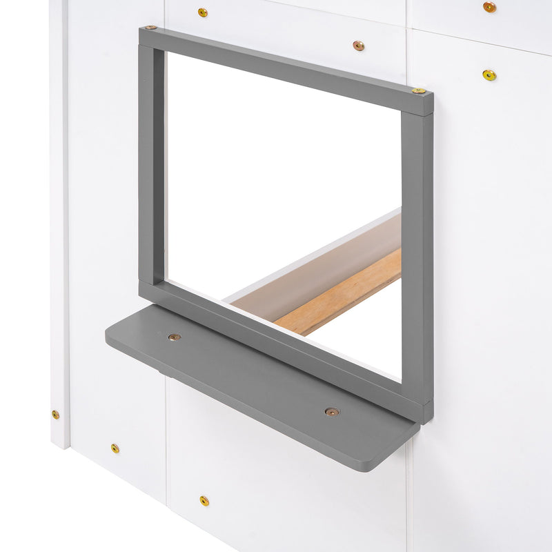 Wood bunk bed with roof, window, guardrail, and ladder from DreamHaus, showcasing a sturdy twin-over-twin design for kids' bedrooms.
