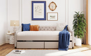 DreamHaus upholstered daybed with two drawers, wooden slat support, modern storage bed in a cozy bedroom setting.