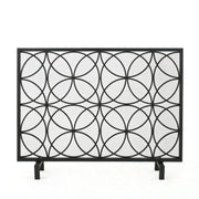 Noble House Thayer single panel iron fireplace screen with geometric design, decorative metalwork for protecting and enhancing a fireplace.