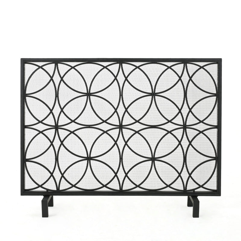Noble House Thayer single panel iron fireplace screen with geometric design, decorative metalwork for protecting and enhancing a fireplace.