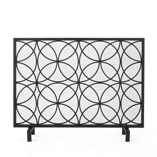 Noble House Thayer single panel iron fireplace screen with geometric design, decorative metalwork for protecting and enhancing a fireplace.