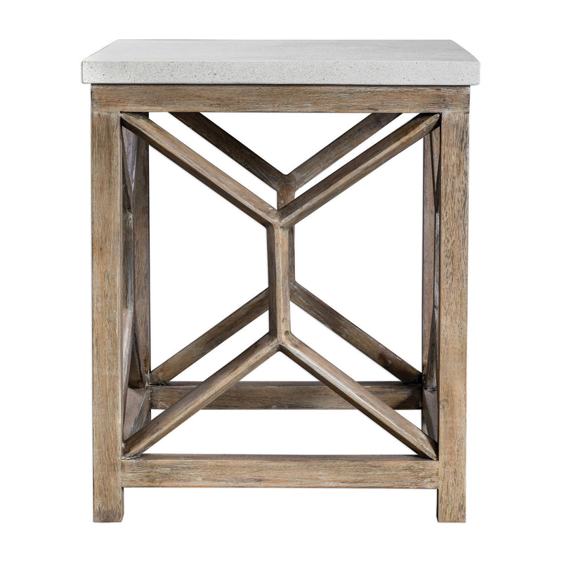 Uttermost Catali Stone End Table in white and light brown with a sleek, modern design and smooth stone surface.