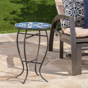 Outdoor round side table by Noble House with mosaic-style top and curved iron legs in blue and matte black finish.