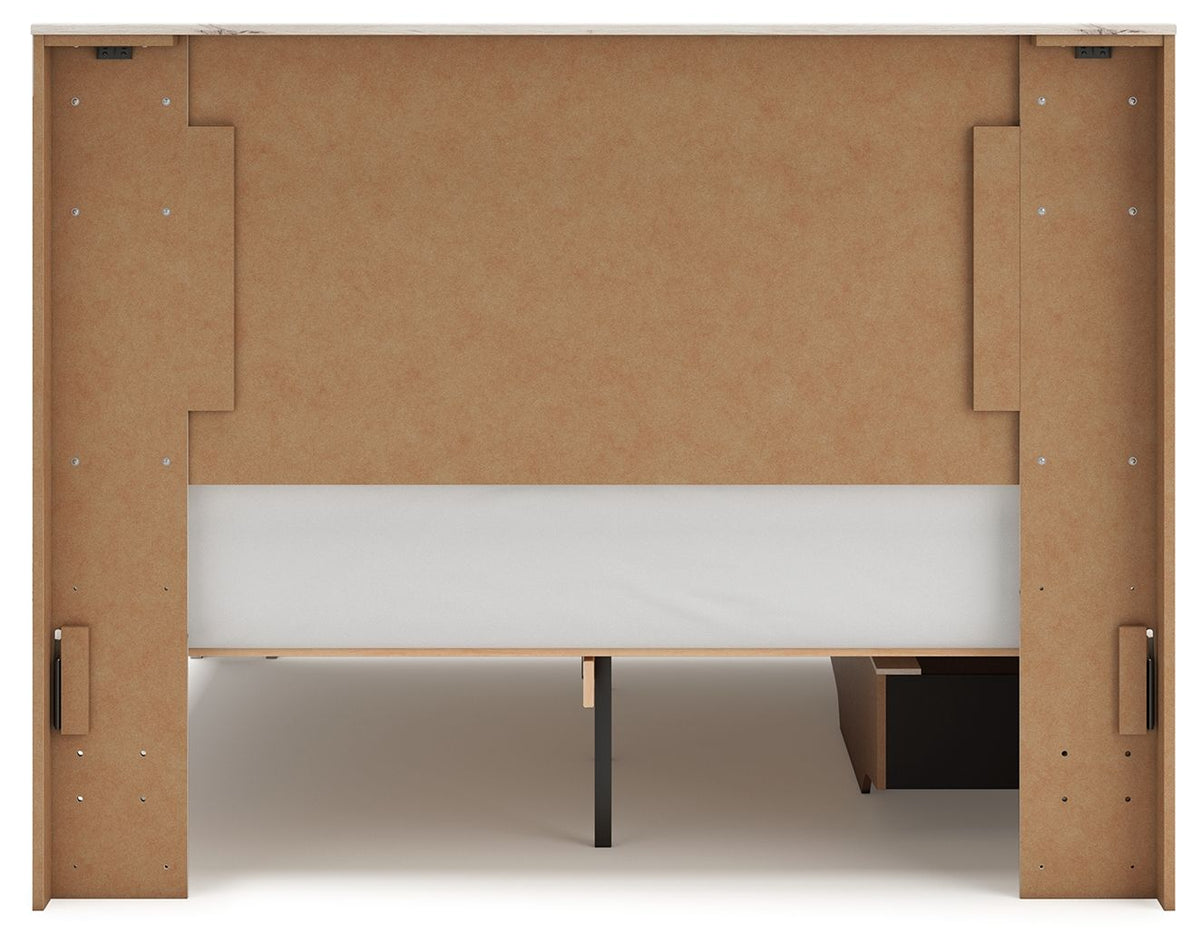 Signature Design by Ashley Lawroy storage panel bed with built-in drawers and modern wood finish, showcasing a spacious bedroom centerpiece.