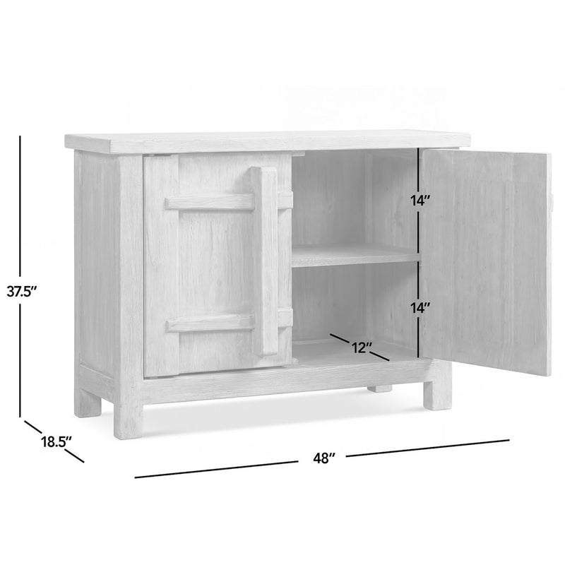 Natural wood Rowan 2-door accent cabinet by Jennifer Taylor Home with sleek design and modern hardware, standing on a hardwood floor.