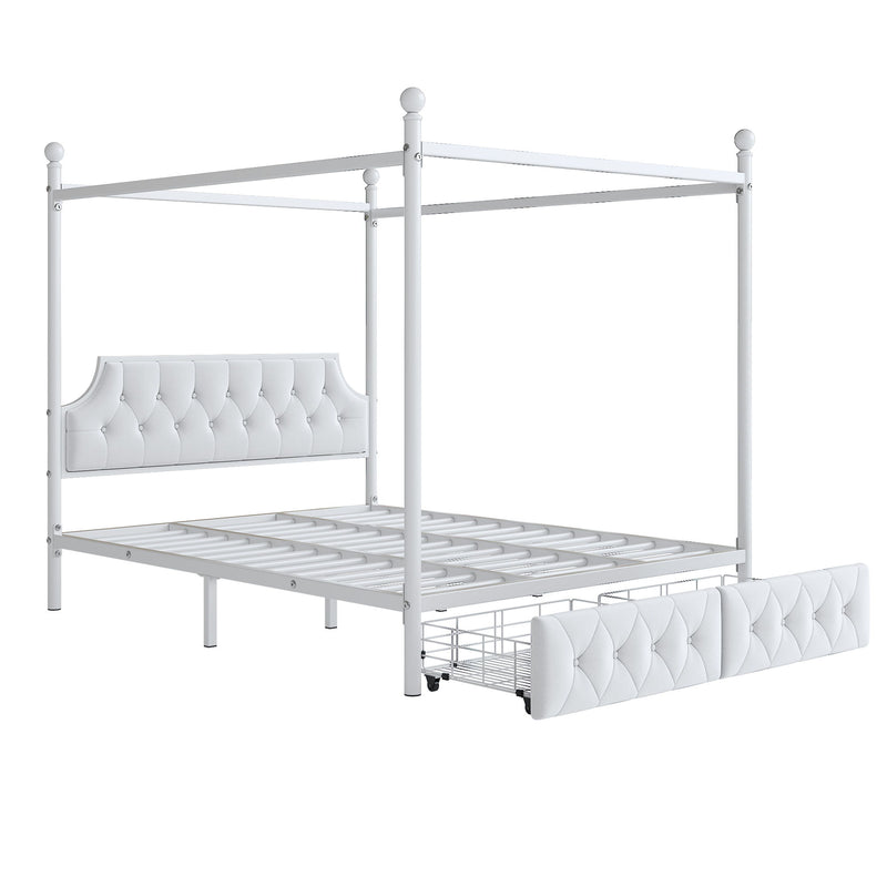 Queen Size Canopy Platform Bed With Upholstered Headboard And 2 Storage Drawers - White - R&R Furniture Gallery (Fountain Valley, CA)