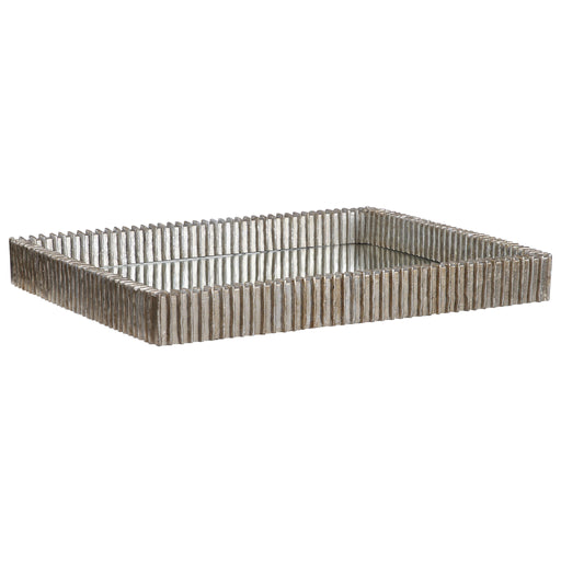 Silver Talmage mirrored tray by Uttermost with a sleek reflective surface and elegant edges for decorative display.