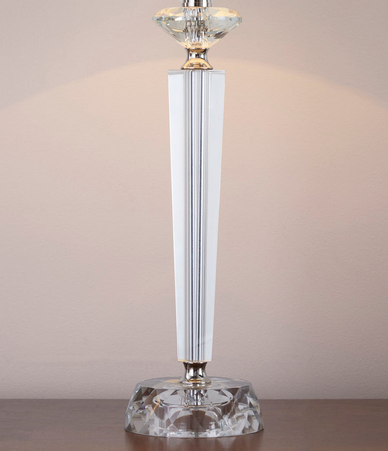 Set of two Lumi Source Diamond Torch contemporary crystal table lamps with clear and off-white shades and polished nickel bases.