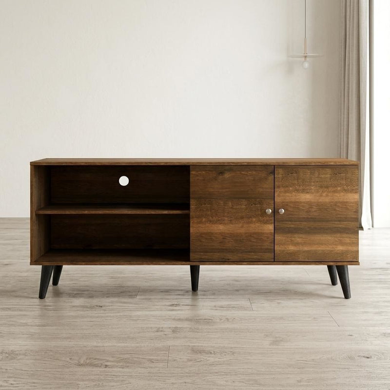 US Pride TV stand with two storage shelves and a cabinet, modern wooden media console for living room entertainment.