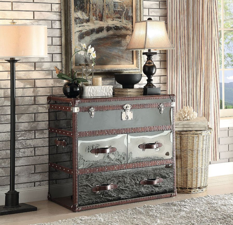 Aberdeen - Console Cabinet - Vintage Dark Brown Top Grain Leather & Stainless Steel - R&R Furniture Gallery (Fountain Valley, CA)