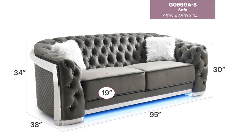 Glory Furniture Sapphire stationary sofa with plush cushions and modern design, shown in a cozy living room setting.