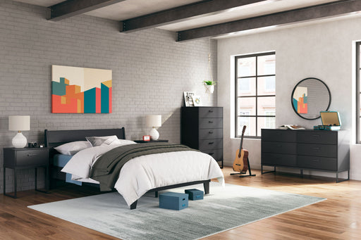 Signature Design by Ashley Socalle 3-piece bedroom set includes a bed frame, nightstands, and dresser with modern wood finish