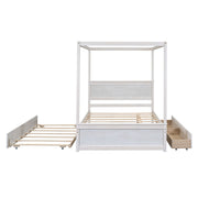 DreamHaus canopy platform bed with built-in drawers, support slats, and no box spring, shown in a modern bedroom setting.