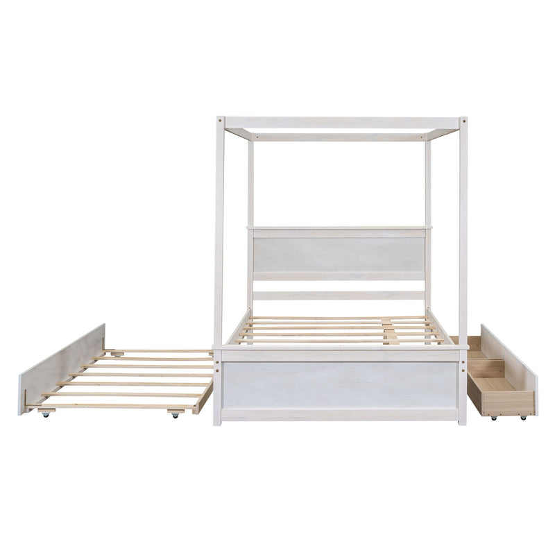 DreamHaus canopy platform bed with built-in drawers, support slats, and no box spring, shown in a modern bedroom setting.