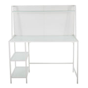 Lumi Source Geo Tier contemporary writing desk with geometric metal frame and wooden top, modern office furniture for home or workspace.
