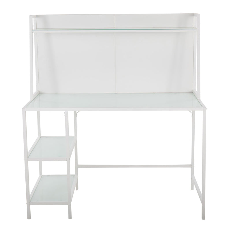 Lumi Source Geo Tier contemporary writing desk with geometric metal frame and wooden top, modern office furniture for home or workspace.