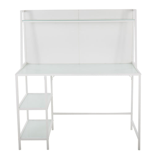Lumi Source Geo Tier contemporary writing desk with geometric metal frame and wooden top, modern office furniture for home or workspace.