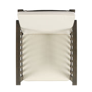 Pair of Noble House Casa Acacia wood club chairs with water-resistant gray and cream cushions, perfect for outdoor seating.