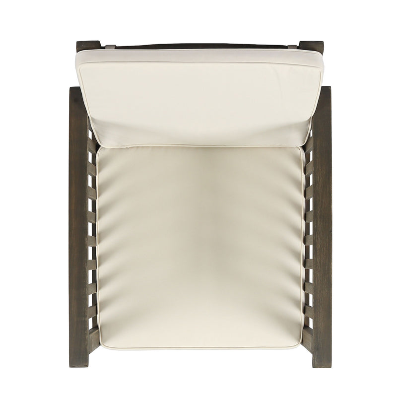 Pair of Noble House Casa Acacia wood club chairs with water-resistant gray and cream cushions, perfect for outdoor seating.