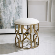 White and gold geometric accent stool by Uttermost featuring a modern trellis design.