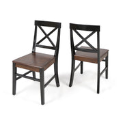 Set of two Noble House Plethora dining chairs with X-shaped backrests, featuring sleek wooden legs and comfortable seat cushions.