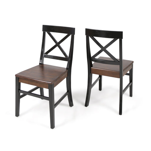 Set of two Noble House Plethora dining chairs with X-shaped backrests, featuring sleek wooden legs and comfortable seat cushions.