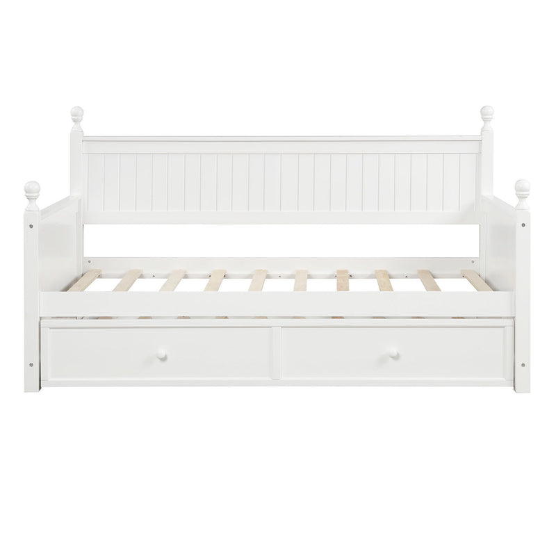 White DreamHaus twin size daybed with trundle bed, showcasing a modern design with clean lines and a sturdy frame.
