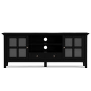 Simpli-Home Acadian TV media stand with open shelves and storage compartments, crafted from wood with a natural finish.