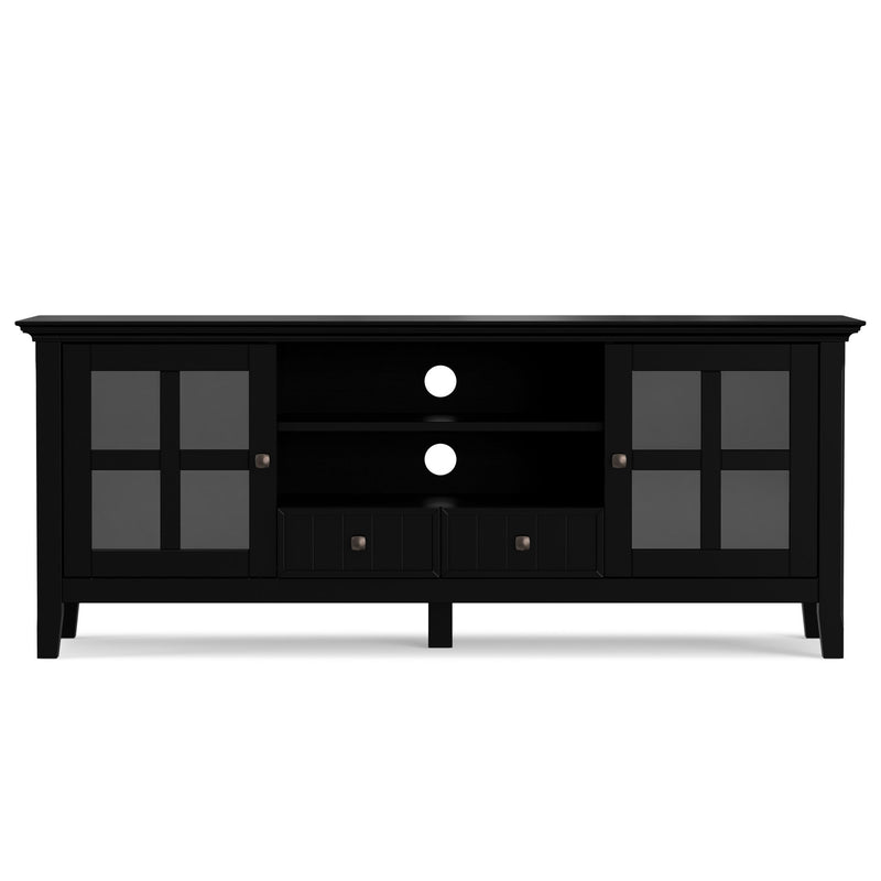 Simpli-Home Acadian TV media stand with open shelves and storage compartments, crafted from wood with a natural finish.
