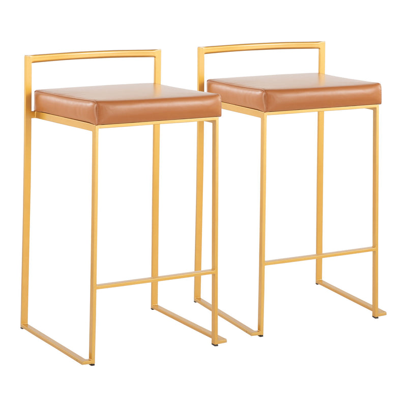 Lumi Source Fuji contemporary glam counter stool set with sleek design, wooden legs, and upholstered seats in stylish black fabric.
