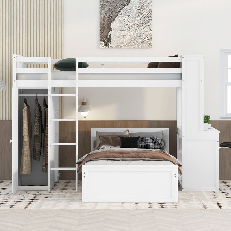 DreamHaus loft bed with a stand-alone bed, shelves, desk, and wardrobe, showcasing a compact multi-functional bedroom setup.