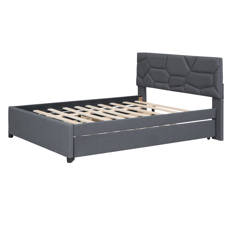 Upholstered Platform Bed With Brick Pattern Headboard And Twin Long Size Trundle - R&R Furniture Gallery (Fountain Valley, CA)