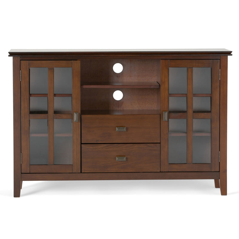 Artisan handcrafted tall TV media stand by Simpli-Home with open shelves and storage compartments in natural wood finish.