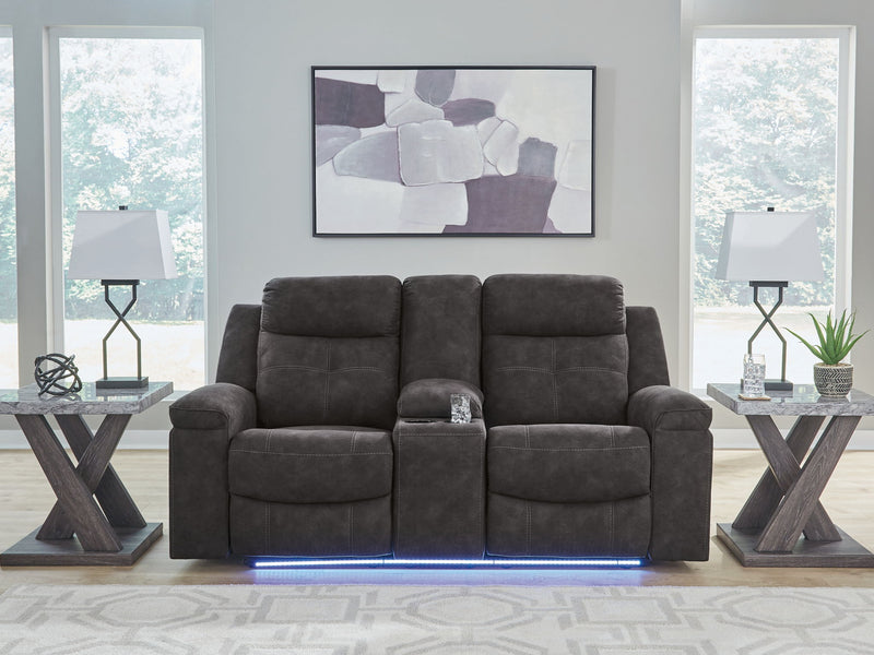 Brysonview - Double Reclining Loveseat With Console - Charcoal - R&R Furniture Gallery (Fountain Valley, CA)