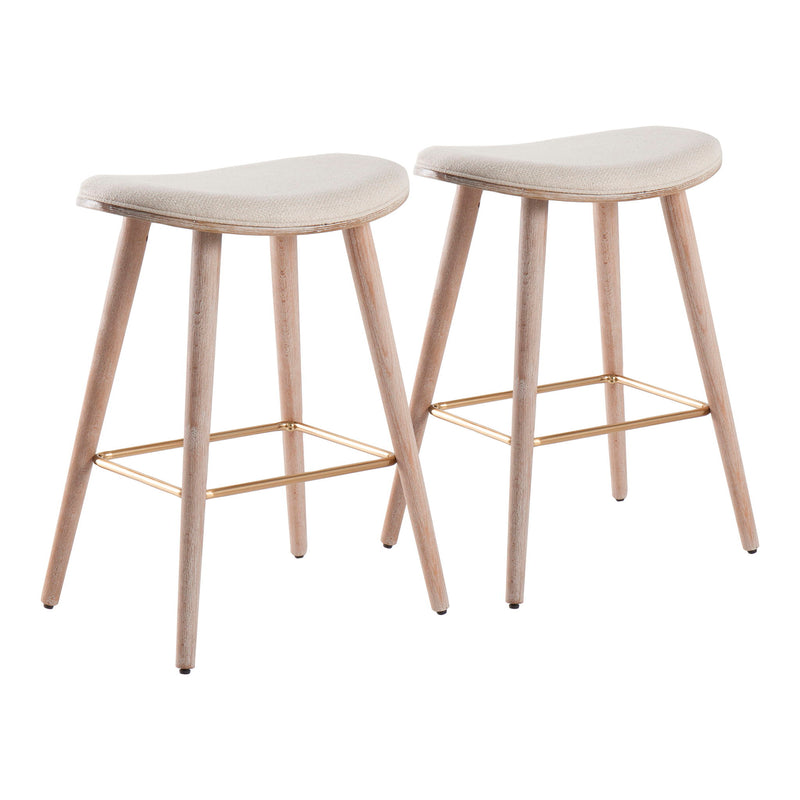Set of two Lumi Source contemporary saddle counter stools with sleek design and upholstered seats, perfect for modern kitchen or bar.