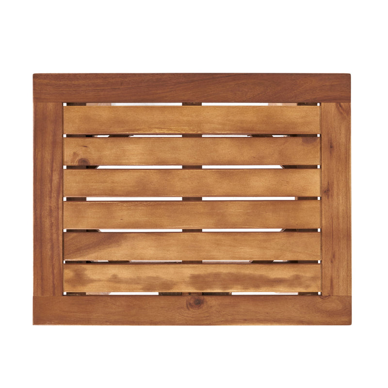 Noble House Kinesis outdoor side table with slatted top and wood frame, perfect for patio or garden decor.