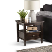 Simpli-Home Warm Shaker tobacco brown end table with a simple, sturdy design and smooth wood finish.