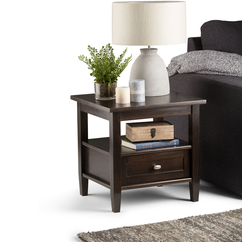 Simpli-Home Warm Shaker tobacco brown end table with a simple, sturdy design and smooth wood finish.