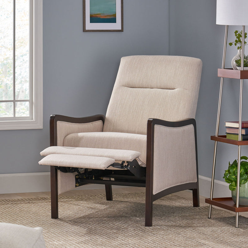Noble House Drury contemporary fabric upholstered pushback recliner with plush cushioning and modern design.