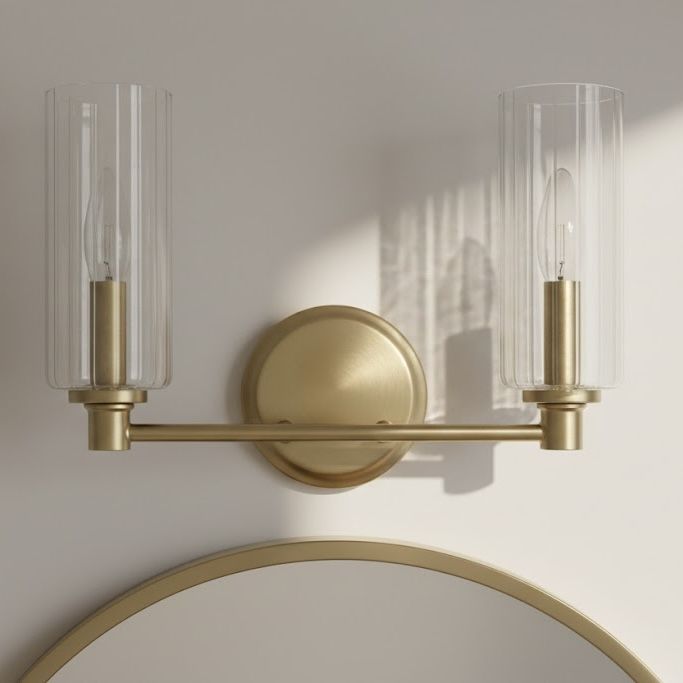 Regal - Double Light Vanity With Clear Ribbed Satin - Antique Brass / Clear - R&R Furniture Gallery (Fountain Valley, CA)