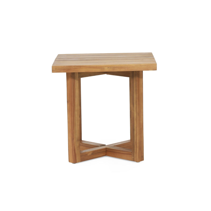Noble House Ella square side table with cross stretcher base, featuring a modern wooden surface and sturdy metal frame.