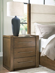 Benchcraft Marxmore brown three drawer nightstand with built-in charging station, wood finish, and modern design.
