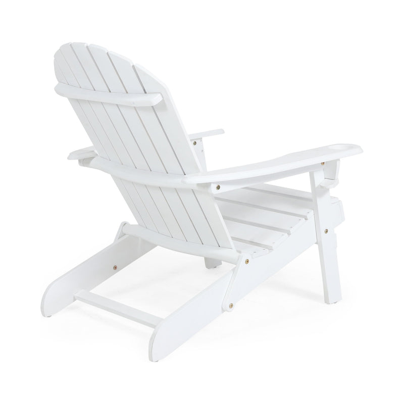 Noble House Zenithia outdoor foldable Adirondack chair with two cup holders, made of wood with a slatted back and armrests.