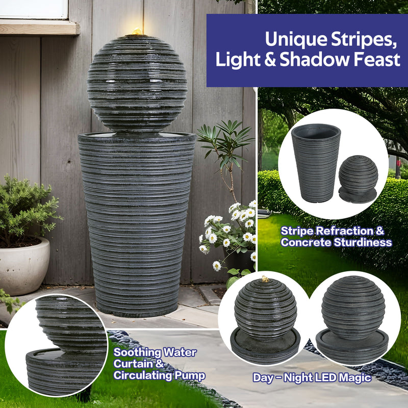 31.5" Tall Striped Column Fountain With LED Light Design For Outdoor Spaces - Gray - R&R Furniture Gallery (Fountain Valley, CA)