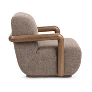Classic Home Welson swivel accent chair in warm mocha fabric with a rounded back and wooden base.