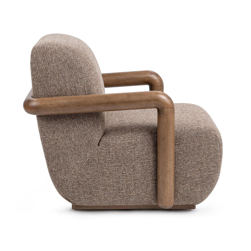 Classic Home Welson swivel accent chair in warm mocha fabric with a rounded back and wooden base.